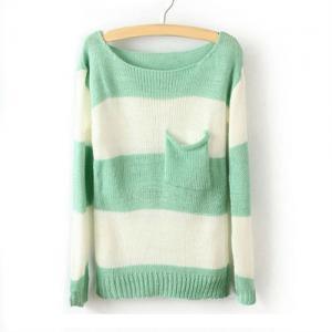 Green White Striped Long Sleeve Sweater