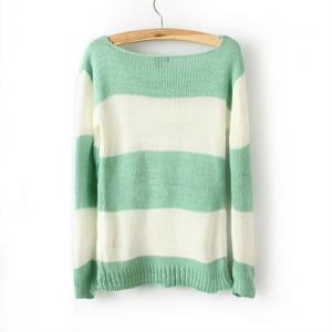 Green White Striped Long Sleeve Sweater