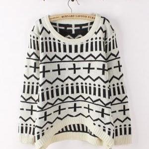 White Geometric All-match Bottoming Loose Sweater