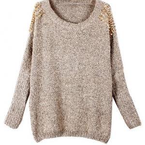 Apricot Batwing Sleeves Pullover Rivets Shoulder..