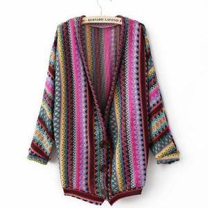 Folk Style Retro Color Mix Striped Knit Cardigan