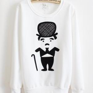 White Thickened Fleece Characters Solid Sweater