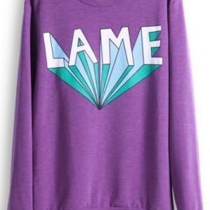 Purple Long Sleeve Lame Print Casual Sweatshirt