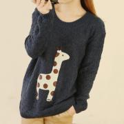 Blue Super Adorable Cartoon Giraffe Loose Pullover Sweater