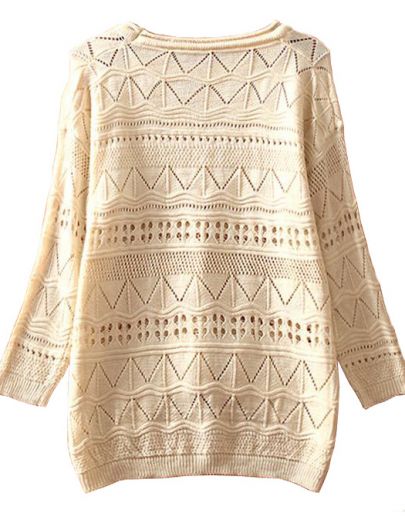 Beige Geometric Eyelet Embellished Knit Jumper Sweater on Luulla