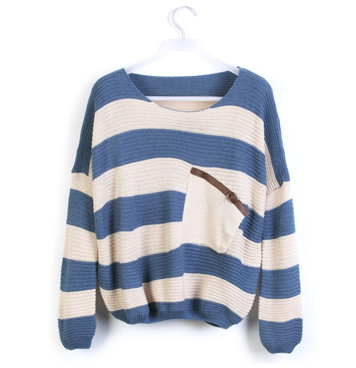 Blue Striped Bat Long Sleeve Loose Sweater