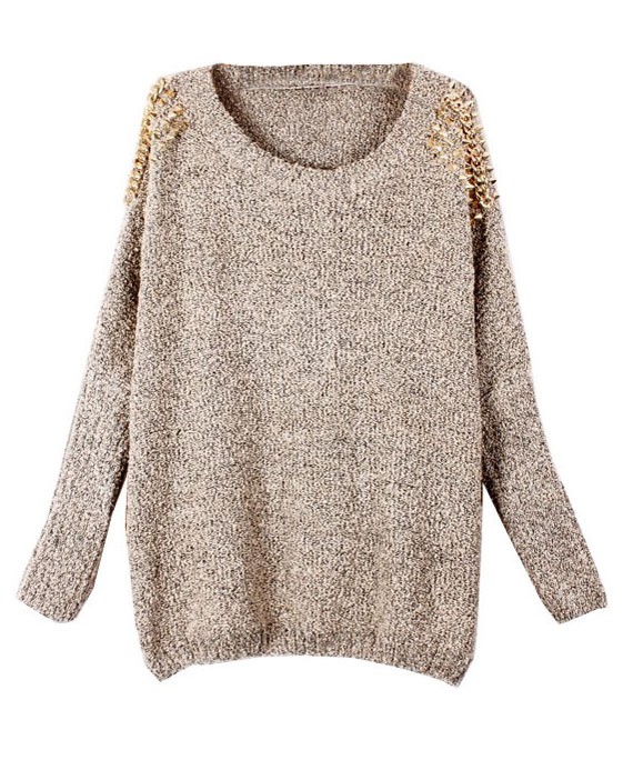 Apricot Batwing Sleeves Pullover Rivets Shoulder Sweater