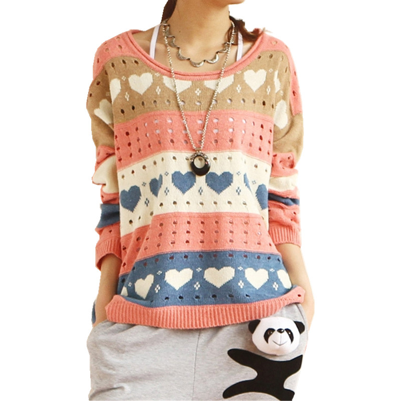 Contrast Color Love Hollow-out Rainbow Striped Loose Sweater