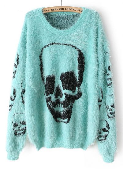 Light Blue Long Sleeve Skull Pattern Shaggy Sweater